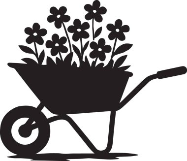 Çiçeklerle dolu bir el arabasının siyah vektör silueti, bahçıvanlık bahar ekimi grafiği