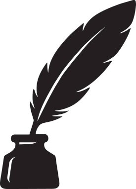 Bir tüy kalemin siyah vektör silueti mürekkep hokkası içinde, edebiyat klasik kırtasiye grafiği yazıyor