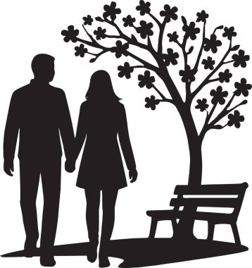 Siyah vektör silueti, kiraz ağacının altında yürüyen romantik bahar manzaralı bir çiftin silüeti.