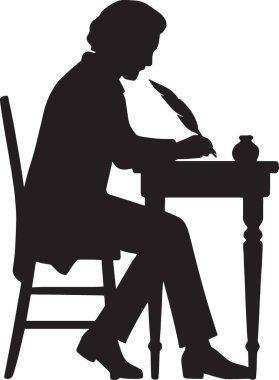 Bir ressamın siyah vektör silueti masada oturuyor ve resim yapıyor, yaratıcı sanat mesleği grafiksel