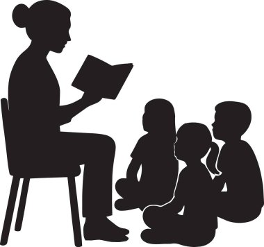 Çocuklara kitap okuyan bir kadının siyah vektör silueti, aile hikâyesi eğitimi grafiği