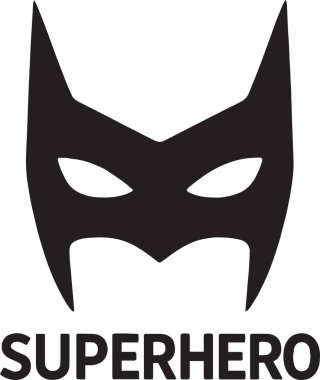 Bir süper kahraman maskesinin siyah vektör silueti sivri kulaklı ve süper kahraman metni, komik kahraman kostümü grafiği