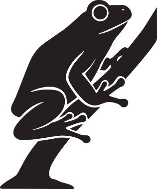 Bir dalda oturan bir kurbağanın siyah vektör silueti, amfibik hayvan grafik tasarım elementi