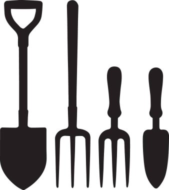 Bahçe işlerinde kullanılan kürek, kürek, kürek ve çatallar da dahil olmak üzere bahçe araçlarının siyah siluet vektörü