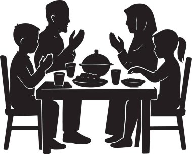 Bir ailenin yemek masasında yemek ve içeceklerle birlikte oturmasının siyah silüet çizimi.