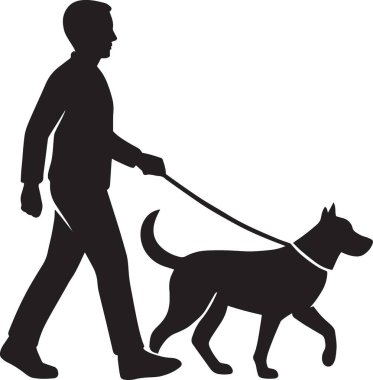 Köpek tasmasıyla gezen bir adamın siyah siluet vektörü hayvan sahipliğini ve açık hava aktivitesini tasvir ediyor.