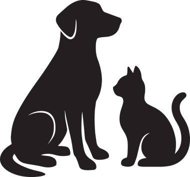 Bir kadının kedi ve köpekle etkileşim halindeki siyah silueti hayvan bakımını ve hayvan arkadaşlığını temsil ediyor.