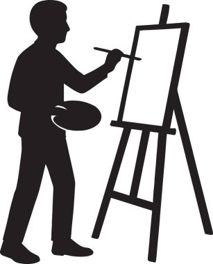 Tablo sehpasında resim yapan bir sanatçının siyah siluet vektörü palet ve fırçayla yaratıcılık ve sanat tasvir ediyor.
