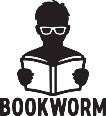 Siyah siluet vektörü gözlüklü bir çocuk kitap kurdu metni okuyarak eğitimi ve öğrenmeyi temsil ediyor.