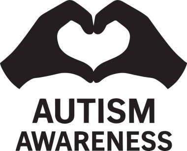 Ellerin siyah siluet vektörü Otizm farkındalık metni ile bir kalp şekli oluşturuyor. Destek ve merhameti temsil ediyor.
