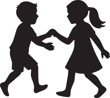 Siyah siluet bir erkek ve kız vektörü. Çocukların el ele tutuşması çocukluk arkadaşlığını temsil ediyor.