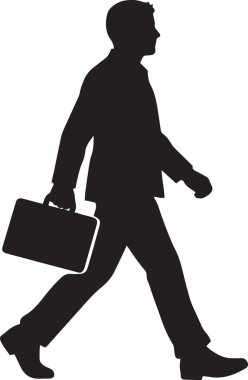 Takım elbiseli bir işadamının siyah siluet vektörü aciliyet ve kurumsal koşuşturmayı resmeden bir evrak çantası taşırken koşuyor.