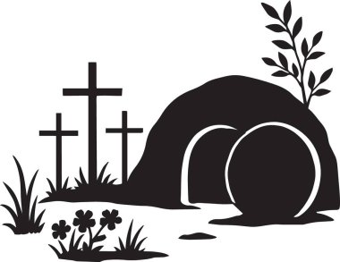 Paskalya diriliş sahnesinin siyah vektör silueti boş mezar taşı haçları ve çiçeklerle yuvarlanmış.