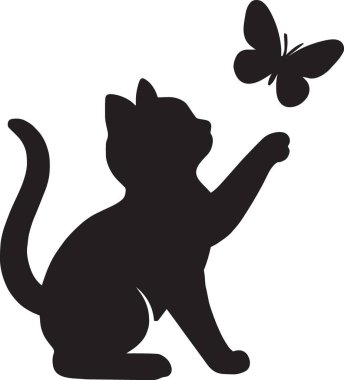 Arka ayakları üzerinde duran bir kedinin siyah vektör silueti bir kelebeğe neşeyle uzanıyor.