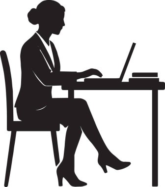 Profesyonel bir iş kadınının siyah vektör silueti dizüstü bilgisayarlı bir masada çalışıyor.