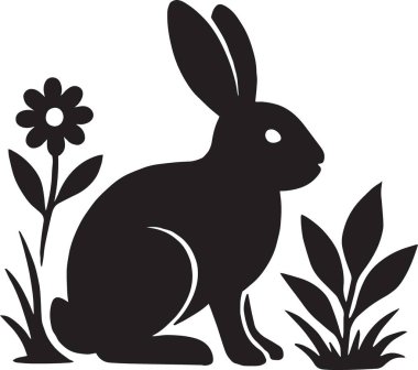 Bir bahçe sahnesinde çiçekler ve papatyalar arasında oturan bir tavşanın siyah vektör silueti