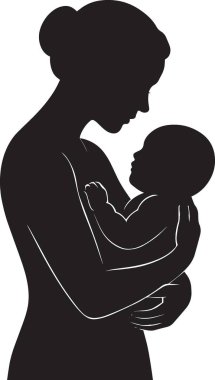 Siyah vektör silueti bir annenin sevgiyle kucağında ve kucağında bir bebek var.