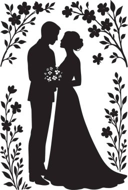Çiçekler ve çiçeklerle çevrili bir gelin ve damadın siyah vektör silueti.