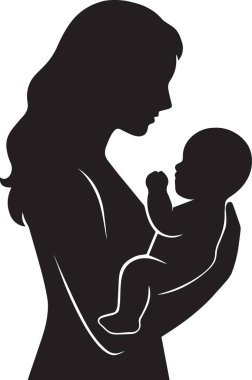 Bir annenin siyah vektör silueti bebeğini kucağında tutuyor ve onunla oynuyor.