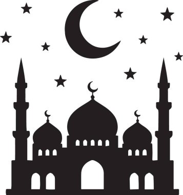 Gece gökyüzünün altında hilal ay ve yıldızlı minareleri olan bir caminin siyah vektör silueti.