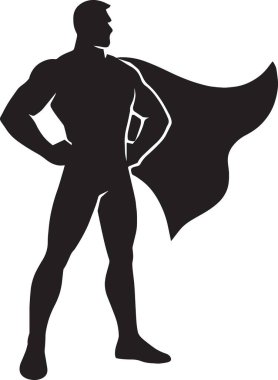 Bir süper kahramanın siyah vektör silueti kendine güvenen bir güç pozisyonunda pelerinli ve elleri kalçasında duruyor.