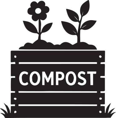 Büyüyen bitkiler ve çiçeklerle dolu ahşap gübre kutusunun siyah vektör silueti, organik bahçe tasarımı