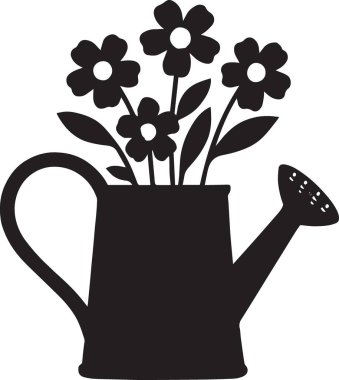 Çiçeklerle dolu bir sulama kutusunun siyah vektör silueti, bahar süsleme tasarımı