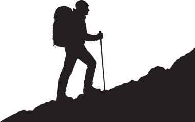 Sırt çantalı bir yürüyüşçünün siyah vektör silueti ve dağ zirvesinde yürüyüş direği.