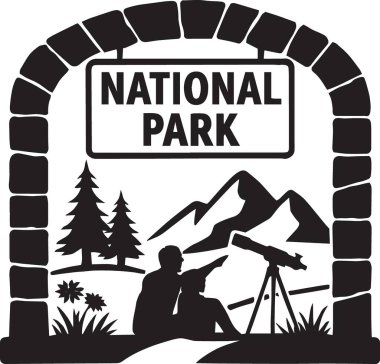 Dağları ve ağaçları olan bir milli park girişinin siyah vektör silueti