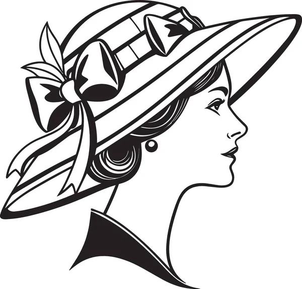 Süslü, geniş kenarlı bir şapka takan, moda illüstrasyonu ve klasik temalar için ideal bir kadın profilli siyah beyaz çizgili sanat vektörü.