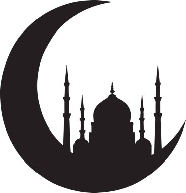 Geceleri minareleri ve hilal ayları olan bir caminin siyah vektör silueti.
