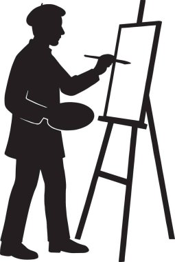 Palet ve fırçayla resim yapan bir ressamın siyah silueti, yaratıcı sanatlar ve resim temalı projeler için ideal.