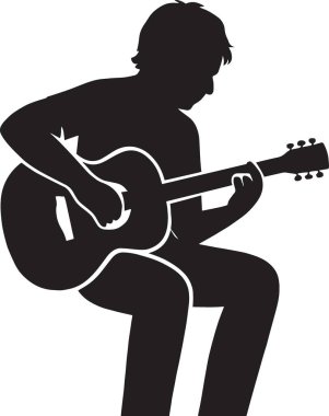 Oturan ve akustik gitar çalan bir adamın siyah silueti, müzik müzisyeni ve eğlence temalı tasarımlar için mükemmel.