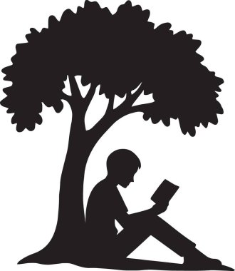 Geniş bir ağacın altında oturup kitap okuyan bir insanın siyah silueti, rahatlama eğitimi ve doğa tasarımları için ideal.
