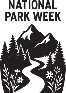 Ulusal Park Haftası için çam ağaçları ve nehir olan bir dağ manzarasının siyah silueti, doğa ve seyahat tasarımları için mükemmel.