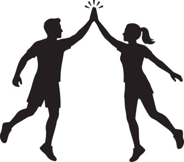 Siyah siluet bir kadın ve erkeğin birbirlerine neşeli bir beşlik çakışları.