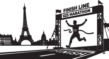 Eyfel Kulesi Paris simgeleri ve kalabalıkla maraton bitiş çizgisini geçen bir koşucunun siyah ve beyaz vektör silueti