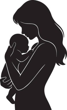 Uyuyan bebeğini nazikçe kucaklayan ve kucaklayan bir annenin siyah silueti.