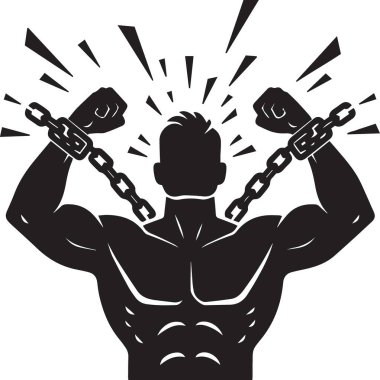 Güçlü duruşu ve gücü olan kaslı bir adamın siyah silueti zincirleri kırıyor.