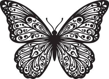Dekoratif bir kelebeğin siyah siluet vektörü. Karmaşık süslemeli kanat desenleri var.