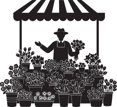 Çiçek pazarı satıcısının siyah silueti çizgili bir tentenin altında saksı bitkileri ve çiçeklerle duruyor.
