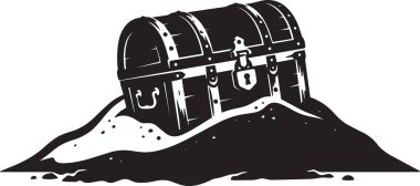 Eski bir hazine sandığının siyah silueti kısmen kuma gömülmüş ya da kilit ve kopçalarla kirlenmiş.