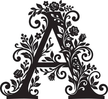 Siyah süslemeli bir mektup Çiçeklerle süslenmiş girdaplar ve botanik süslemeler