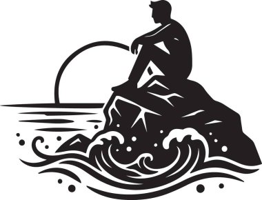 Büyük dramatik okyanus dalgalarının siyah ve beyaz vektör silueti. Dönen şekiller deniz sörfünü ve deniz enerjisini temsil ediyor.