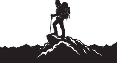 Sırt çantalı bir yürüyüşçünün siyah ve beyaz vektör silueti dağ arkaplanlı kayalık bir dağ zirvesinde duruyor.