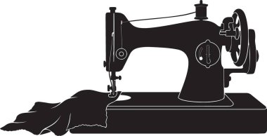 Klasik vintage dikiş makinesinin siyah ve beyaz vektör silueti iplik makarası ve iğne ile terzilik ve moda tasarımını temsil ediyor.