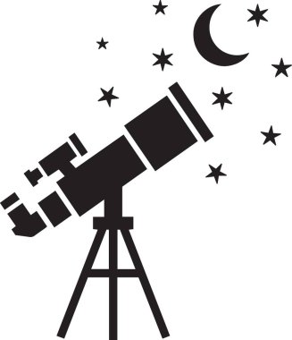 Bir teleskopun siyah ve beyaz vektör silueti gece gökyüzünü gösteriyor. Ay ve yıldızlar astronomi ve uzay gözlemini temsil ediyor.