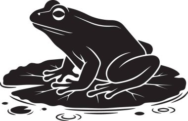 Nilüfer yaprağında oturan bir kurbağanın siyah ve beyaz vektör silueti su dalgaları ile vahşi yaşamı ve doğayı temsil ediyor.