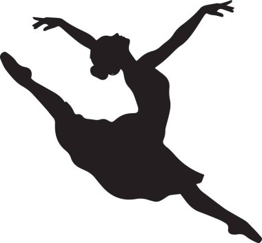 Bir balerin siyah ve beyaz vektör silueti dramatik bir sıçrama ya da havada dans ve sahne sanatlarını temsil eden büyük bir jet sergiliyor.