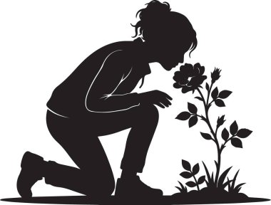 Bahçede diz çöküp çiçek koklayan bir kadının siyah beyaz vektör silueti doğanın takdirini ve rahatlığını temsil ediyor.